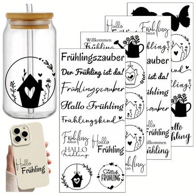 Set Of 4 German Spring-Themed Design Files Featuring Easter Bunny Patterns, UV DTF Transfer Paper, Suitable For Glass Cups - Decoration, Waterproof, Strong Adhesive, Easy To Apply - Perfect For Glass, Metal, Ceramic, And Plastic Surfaces