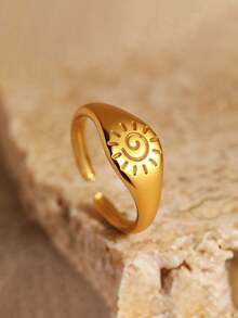 1枚复古简约不锈钢太阳叶子花朵设计戒指，时尚首饰礼品 - 金色 - 查看 3