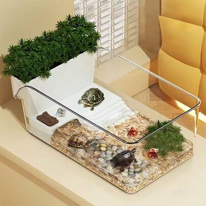 1 pieza Tanque de hábitat de tortuga premium para el hogar, acuario de escritorio, tanque de cangrejo de paisaje, acuario de pie de alta transparencia, separación seca-húmeda, que simula el hábitat natural, anfibio, con plataforma de luz solar y área de alimentación, adecuado para reptiles, fácil de limpiar, acuario de tortuga, caja de cría de reptiles, para amantes de las mascotas