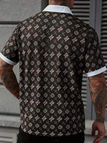 WAIT HIM Men's Casual All-Over Print Contrast Trim Short Sleeve Polo Shirt - Brown - View 6
