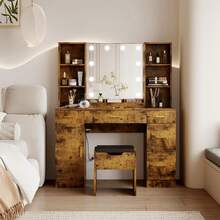 Farmhouse - Juego de Cambiador con Espejo Iluminado, Cambiador de Maquillaje Moderno de 56 Pulgadas con estación de Carga y estantes de Almacenamiento, Cambiador de recámara para Mujeres y - Marrón - Ver 1