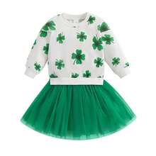 2Pcs/ Set Toddler Baby Girl St Patricks Day Dress Outfit Shamrock Clover Long Sleeve Sweatshirt Tulle Tutu Skirt Dress Clothes 0-5Years (White And Green) - 杏色 - 查看 10