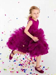 小女孩无袖蝴蝶结薄纱露背派对公主裙，适合小女孩生日派对、舞会、选美比赛、花童、伴娘、婚礼、节日庆典等场合。 - 玫紅色 - 查看 3