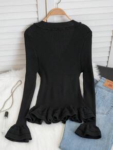 Spring New Black Versatile Knit Cardigan For Women, Ruffle Hem, Long Sleeve, Fitted V-Neck Sweater