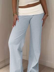 Sunny Girly Striped Straight Leg Pants, White Ruffled Waist, Women's Summer Back To School, Valentine's Day Street Commute & Loungewear - Baby Blue - View 6