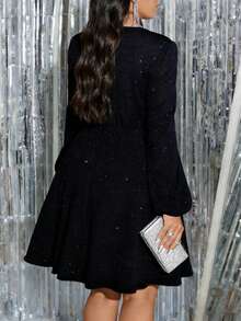 大码女式长袖亮片优雅长裙，V领收腰设计，A字廓形，适合宴会、晚宴、正式场合。 - 黑色 - 查看 2