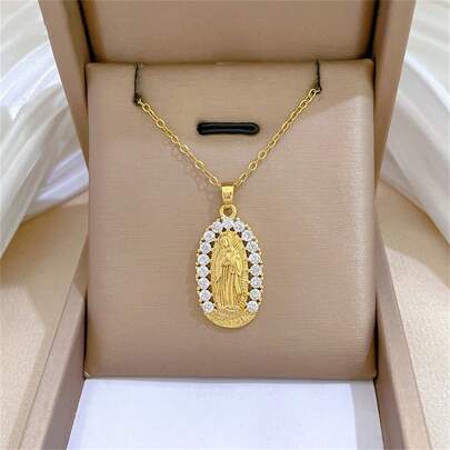 1件优雅圣母玛利亚铜吊坠项链，镶嵌闪亮立方氧化锆，搭配不锈钢链，适合日常佩戴、派对、祈福、祈祷，是送给家人、朋友、爱人、生日、节日、周年纪念日的理想珠宝礼物。
