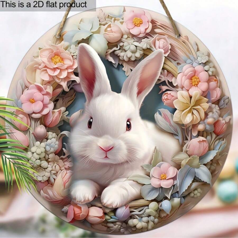 2D Décoration de Pâques en bois à suspendre (produit plat), conçue avec un lapin, une couronne et divers éléments floraux, formant une délicate décoration murale/de porte circulaire pour les fêtes de Pâques.