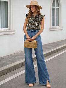 Damen Mode luftige Highwaist Stretch Schlaghose in Blau - Blau - Übersicht 3