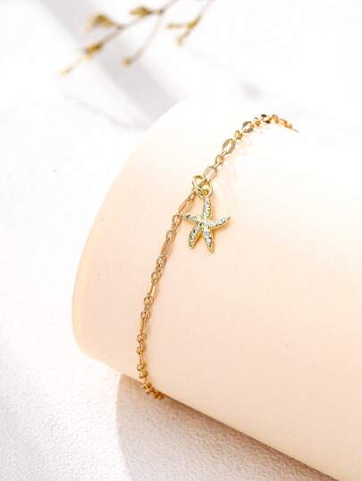 1pc Fashionable Minimalist Gold Lip Chain With Micro-Inlaid Zirconia Starfish Pendant Anklet, Beach Resort Style, Women Foot Jewelry Gift