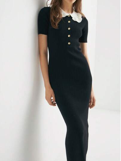 2026 Spring/Summer New Women's Knitted Dress, Solid Color Peter Pan Collar, Contrast Button, Side Slit, Mid-Length Skirt Black Elegant