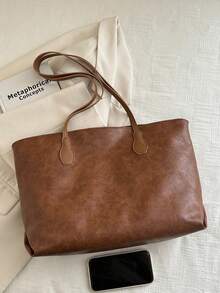 2pcs Women Black Quilted Lining Shoulder Tote Bag, Fashion Large Capacity Combination Handbag With Snap Closure, Casual Street Style For Daily Commute - Brown - View 3