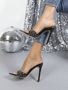 Women's New French Style High Heel Sandals, Sexy Pointed Toe, Rhinestone Decor, Minimalist Open Toe, Versatile Party Stilettos, Black - Black - View 2