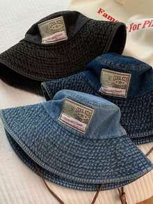 1顶新款印花牛仔布渔夫帽，女士款 - 复古水洗宽檐帽 - 修饰脸型 - 防晒 - 休闲 - 涤纶 - 彩色 - 查看 3