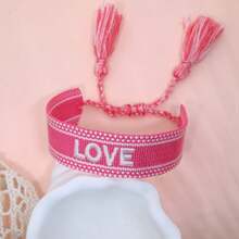 1pc Handmade Bohemian Braided Bracelet With Love Letter Embroidery And Tassel Decor - Pink - View 4