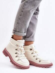 Elegant Leather Women's Combat Boots GOE MM2N4082 Premium, Made Of High-Quality Natural Leather, Insulated, Lace-Up Flat Heel, Classic And Comfortable For Autumn And Winter Black White - White - View 2