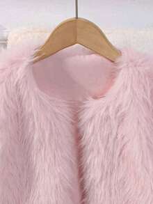 Girls' Pink Faux Fur Long Sleeve Jacket, Fashion Autumn/Winter Faux Fur Coat For Girls - Baby Pink - View 3