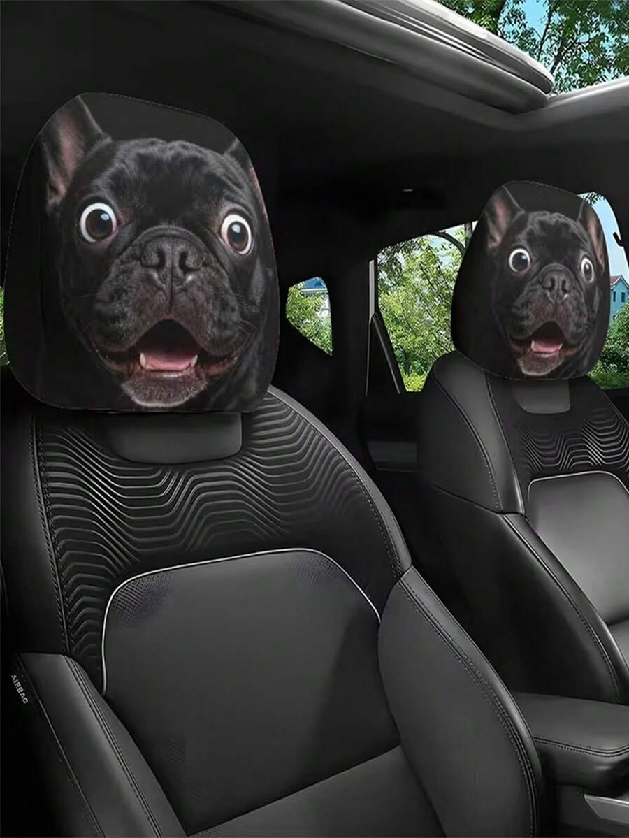 2 piezas de fundas para reposacabezas de coche con estampado de dibujos animados de bulldog negro. Estas son decoraciones interiores personalizadas para automóviles. Son fáciles de instalar y quitar. Son adecuadas para viajes de conducción a larga distancia y salidas de ocio. Son ideales para amantes de los perros. - 2 piezas - Ver 1