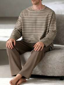 男士加大码休闲宽松纯色圆领长袖上衣（带口袋）和格子家居裤睡衣套装，2件套，适合春季、秋季、冬季穿着，情人节礼物。