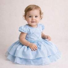 Baby Girl Princess Party Dress With Puff Sleeves, Pearl Appliqué, Layered Tulle Skirt, Lightweight, Full-Fashioned Fabric, Luxurious And Elegant, Defined Waist, Pearl Sash, Classic Style, Charming Look, Sophisticated Outfit, Delicate Appearance, Impeccable Finish, Soft Touch, High Quality, Shine, Comfortable Baby Clothes, Ideal For Christening, Birthday, Wedding, Christmas, New Year's, Ceremony, Special Gift, Photoshoot, Princess Baby Look, Timeless Piece,  Style, Feminine Look, Easy To Wear, Careful Sewing, Secure Closure, Beautiful, Modern, Glamorous Children's Clothing, Festive Look, Stylish Girl, Refined Appearance, Highlight, Important Occasion, Commemorative Outfit, Striking Presence, Complete Baby Look, Charming Piece That Conveys Sweetness And Sophistication, Outfit That Shines And Enchant Mothers And Guests - Màu xanh nhạt - Xem 2