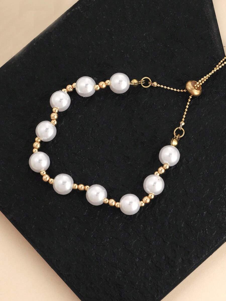 1pc Adjustable Cute Pearl Anklet, Fashionable And Popular, Suitable For Beach, Party, And Daily Wear - Gold - View 1