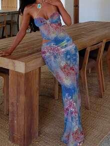 Vestido largo de verano con diseño de cintura hueca estampado, adecuado para fiestas y eventos de cóctel - Azul - Ver 2