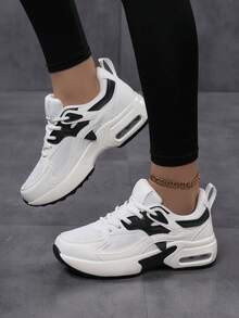 女士休闲系带缓震跑鞋，轻便舒适，减震透气，适合校园等多种场合，可个性化定制，四季皆宜 - 白黑 - 查看 3