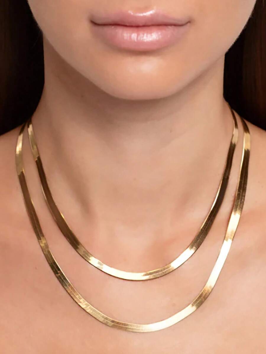 1条不锈钢（医用钢）扁平蛇骨链，适合日常佩戴，蛇形项链，人字纹项链 - 金色 - 查看 1