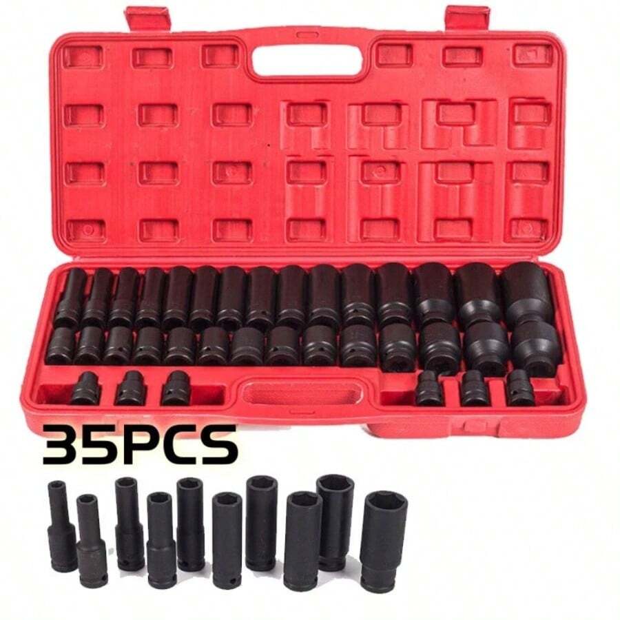 [Deep Impact Socket] 35pcs  1/ 2" Deep Impact Socket Tool Set | 8-32mm Pneumatic Impact Socket Set | Perfect For Auto Mechanic Repair And Heavy-Duty Projects - 35pcs/set - View 1