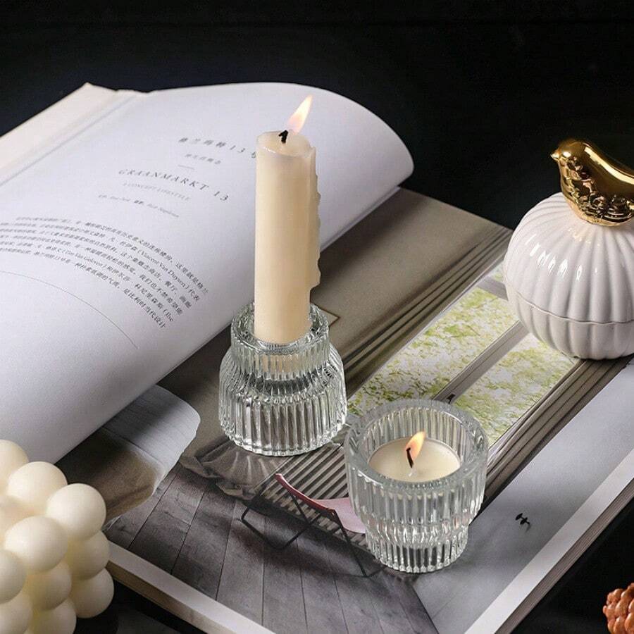 1pc Luxury Crystal Cube Candle Holder, Transparent Glass Desk Decor, Glass Storage Box - Multicolor - View 1