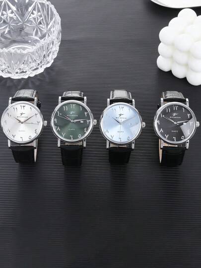 RICECGO 1pc Men's Quartz Watch, Round Dial With PU Leather Strap, Casual Date Display, Suitable For Daily Wear And Holiday Gifts