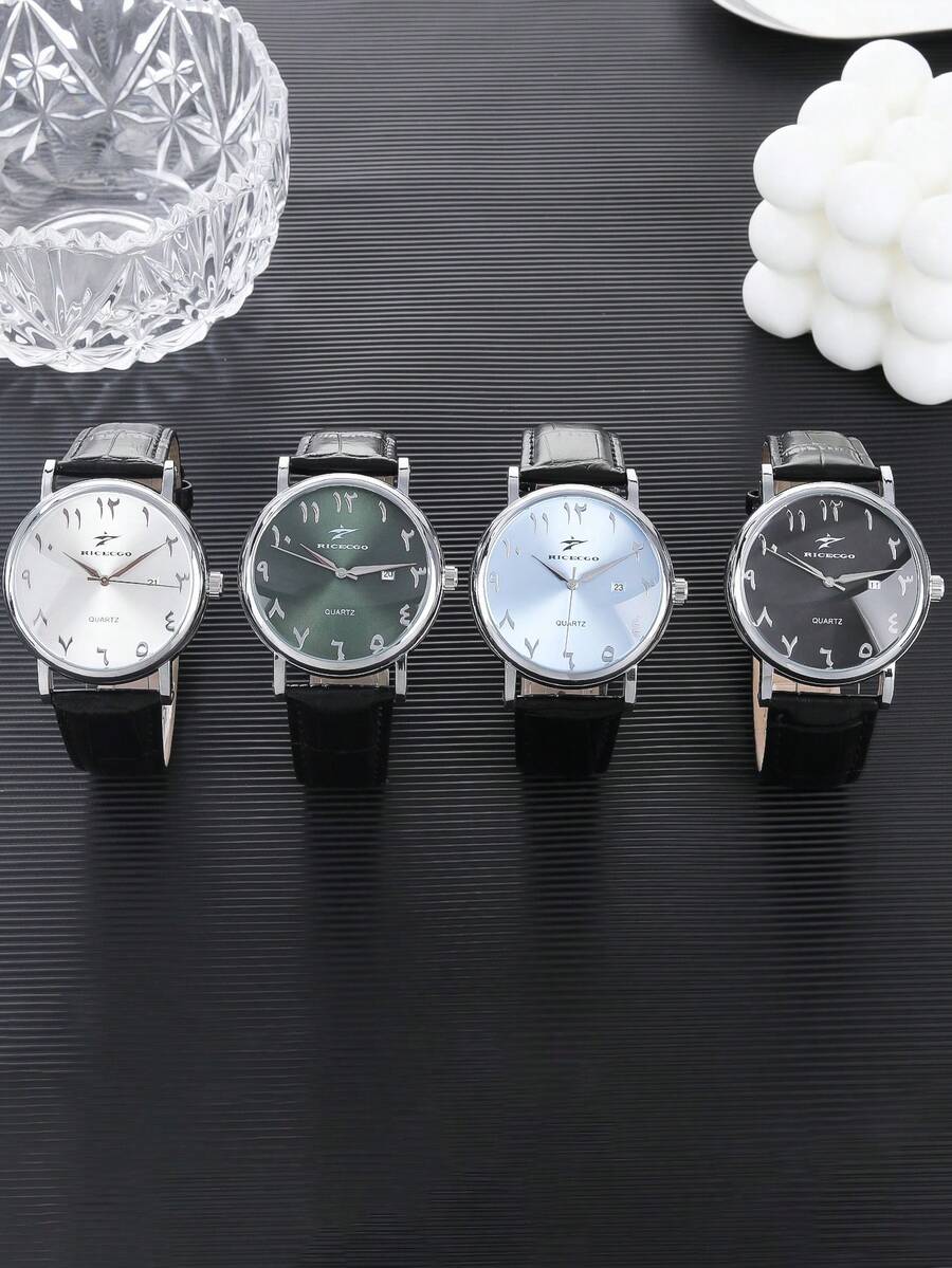 RICECGO 1pc Men's Quartz Watch, Round Dial With PU Leather Strap, Casual Date Display, Suitable For Daily Wear And Holiday Gifts