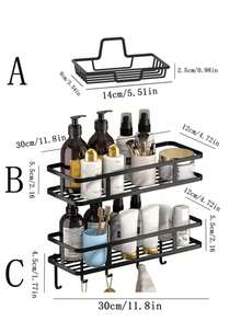 1pc Rust-Proof Shower Corner Shelf With Hooks, Wall-Mounted Adhesive Shower Storage Rack, Bathroom Organizer, Floating Wall-Mounted Shelf Bathroom Accessories - Multicolor - View 3