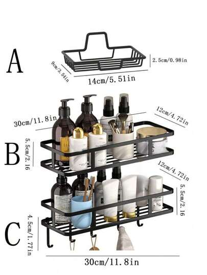 1pc Rust-Proof Shower Corner Shelf With Hooks, Wall-Mounted Adhesive Shower Storage Rack, Bathroom Organizer, Floating Wall-Mounted Shelf Bathroom Accessories