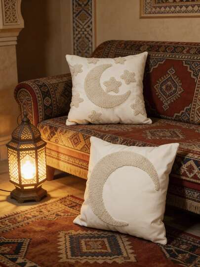 1pc Moon & Star Pattern White Throw Pillow Cover, Ramadan Festive Atmosphere, Bohemian Style Plush Embroidery Tassel Decor, Suitable For Living Room, Bedroom, Sofa, Everyday Casual, All Season, 45*45cm (Inner Pillow Not Included)
