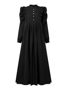 ZANZEA Elegant  Women Stand Neck Lettuce Trim Buttons Long Sleeve Pleated Muslim Dresses Holiday Casual Loose Long Dress - 黑色 - 查看 5