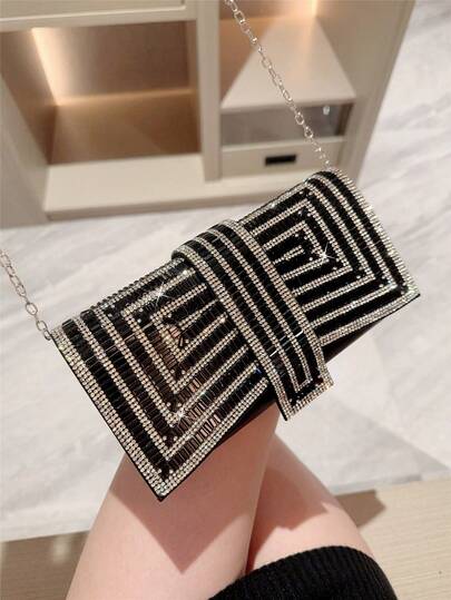 Moonlit Eve Bag, 1pc Black Sparkling, Glamorous, Elegant Crystal-Embellished Envelope Clutch, Showcasing Luxury. Made Of ABS Material, Perfect Bridal Handbag, Evening Bag, Party Clutch For Women, Designed For Various Occasions Like Parties, Weddings, Galas, Banquets, Or As A Gift For Her