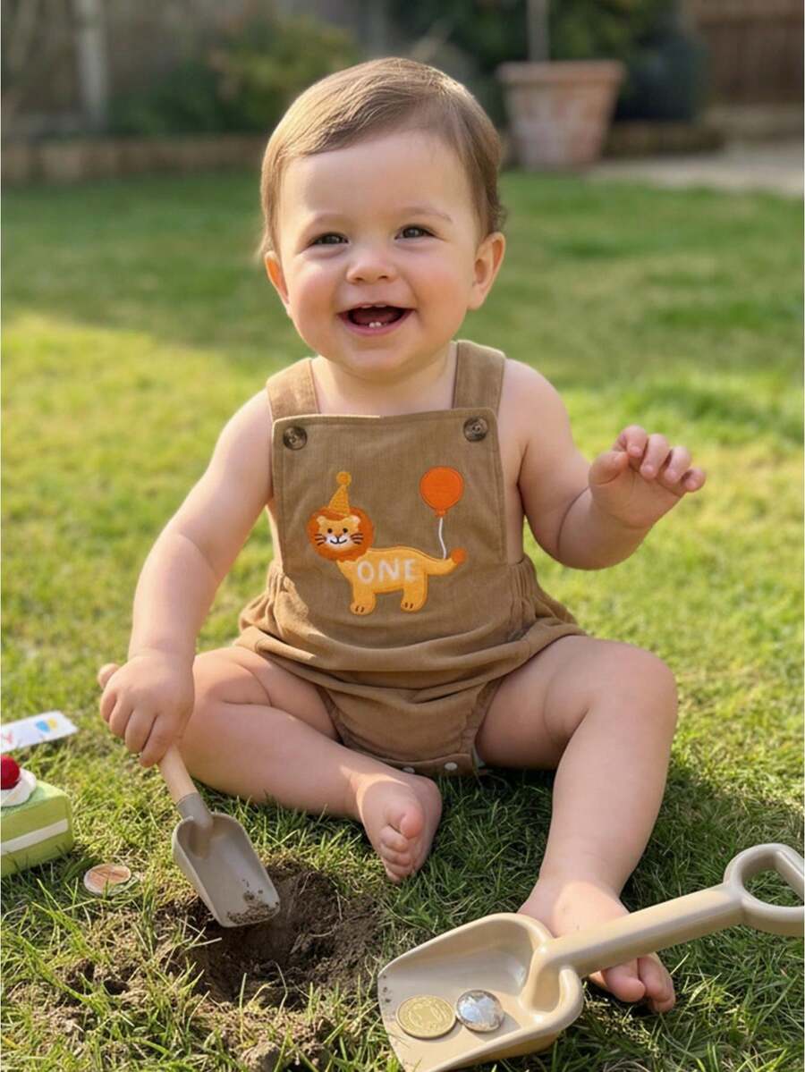 Infants Baby Boy Birthday Romper Sleeveless Square Neck Animal Balloon Embroidery Bodysuit Newborn Overalls - 卡其色 - 查看 1