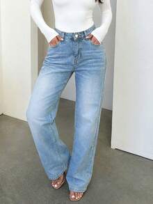 Women's Retro Minimalist Elastic Waist Loose Straight Leg Jeans Casual - Medium Wash - View 5