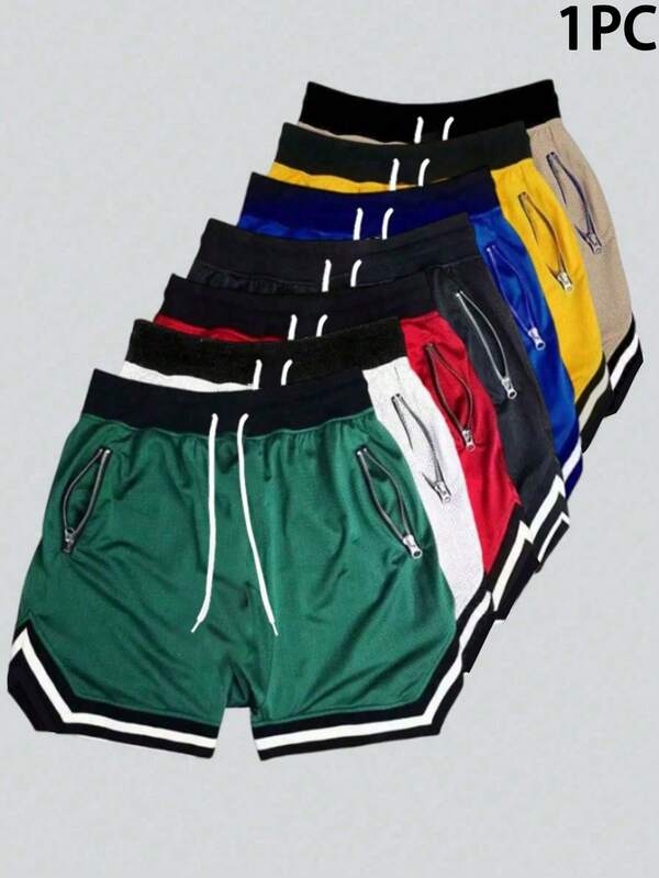 1pc Men's Casual Sports Shorts, Zipper Pockets, Fitness Gym Workout Shorts, Drawstring Waist, Basketball Shorts, Elastic Lightweight Athletic Pants, Suitable For Basketball, Baseball, Fitness, Running, Training, Sports, Outdoor Activities, Father's Day Gift