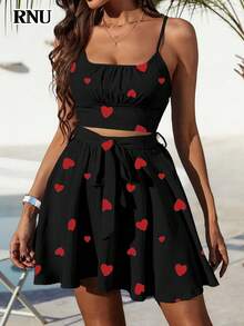 RNU 女士情人节假日休闲套装，荷叶边蝴蝶结可爱优雅弹力腰A字裙，性感派对、泳池派对、约会、假日、旅行装、休闲服、生日套装、婚礼宾客、狂欢节派对、新年优雅套装，心形印花吊带背心和迷你裙两件套 - 黑色 - 查看 5