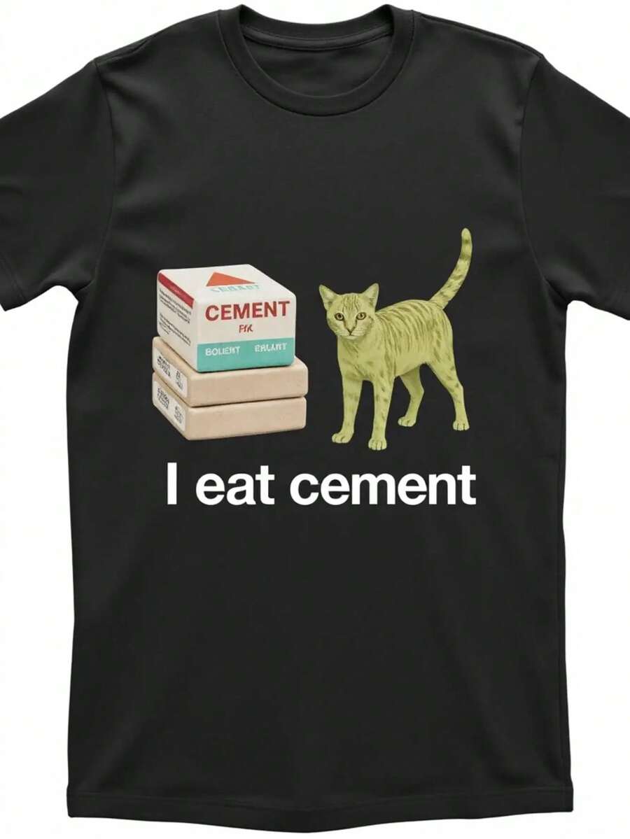 Camiseta de impresión gráfica con diseño de caja de cemento y gato, eslogan "Eat Cement", camiseta casual de algodón con cuello redondo para uso diario, estilo urbano - Negro - Ver 1