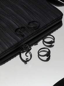 Set Cincin Ular Gaya Gotik 5 Buah, Cincin Ular Mini Asimetris Berlapis untuk Wanita - Hitam - View 2