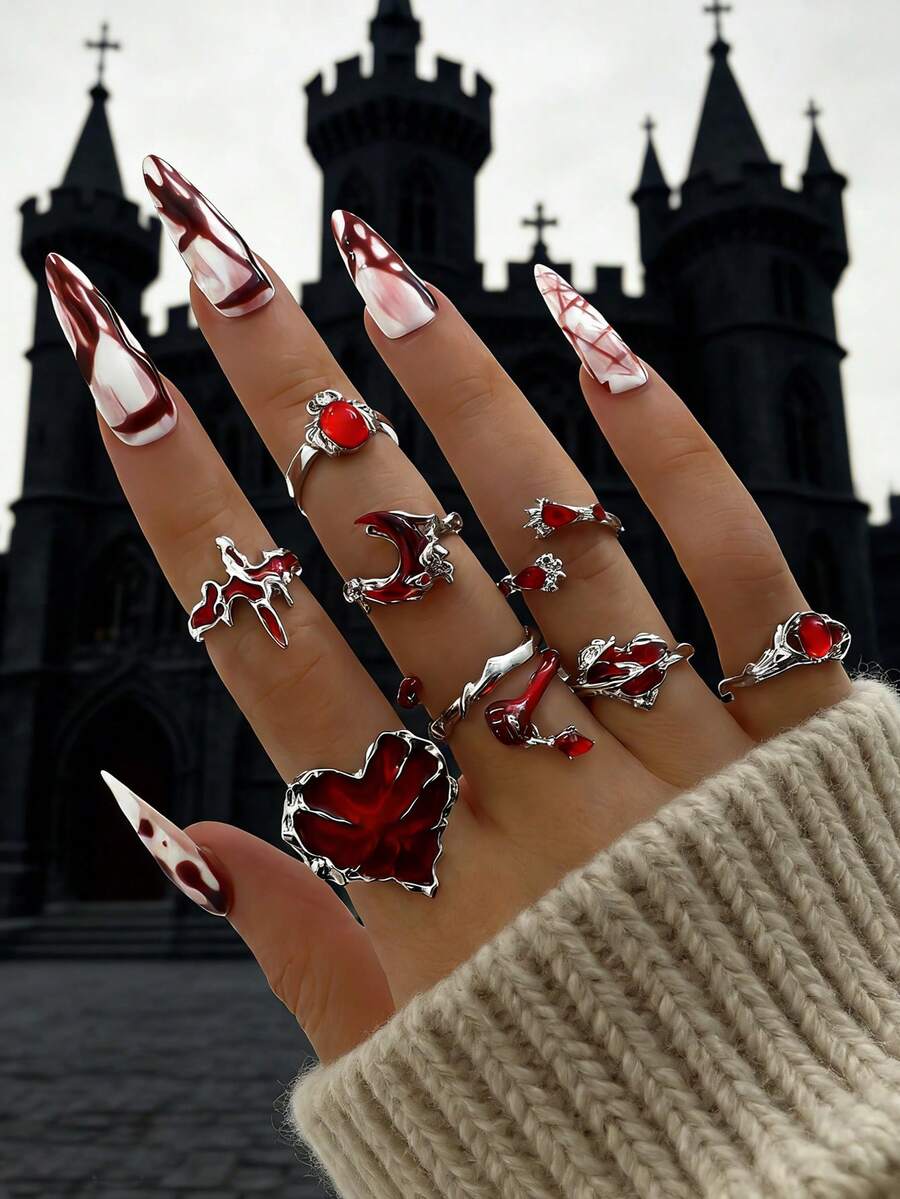 8pcs Punk Style Chic Red Drip Oil Heart Rhinestone Spider Rings & Crescent Moon Heart Rhinestone Ring Set For Women - Silver - View 1