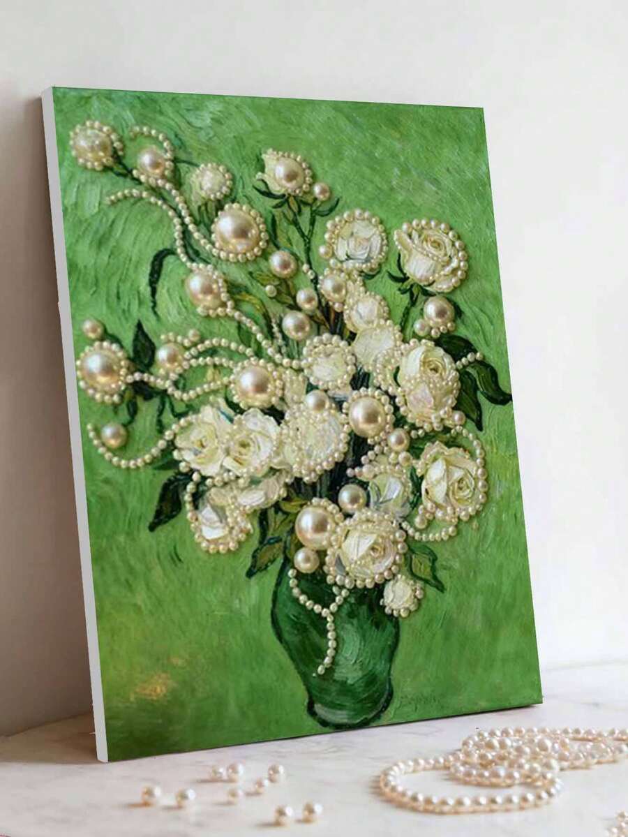 一套DIY手工珍珠画，尺寸30x40厘米/11.81x17.85英寸，花瓶装饰画，创意装饰画，DIY手工镶嵌珍珠画，配有自粘珍珠，适合家居装饰、新房装饰、DIY手工爱好者、闺蜜礼物，无框 - 彩色 - 查看 1