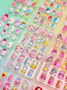 Bộ 120 móng tay giả cho trẻ em, 5 gói x 120 móng tay giả ngắn hình dâu tây, anh đào, dưa hấu, môi, làm từ acrylic, thích hợp làm quà tặng Ngày Valentine, Giáng sinh cho bé gái. - Nhiều màu - Xem 5