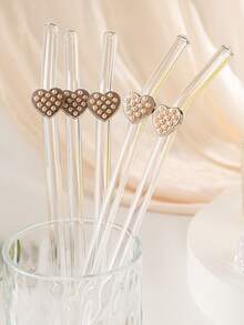 1pc Elegant Pearl Heart Shaped Reusable Transparent Bent Straw, Kitchen Accessory, Cup Essential, Back To School Gift, Valentine's Day Party Favor - Clear - View 2