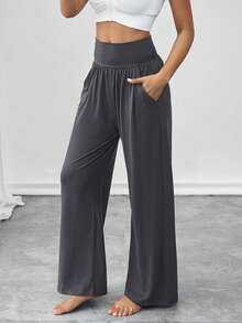1 قطعة بنطلون نسائي ذو خصر عالي فضفاض واسع الساق، مريح ناعم للياقة البدنية داخل المنزل والرياضة اليوغا والمشي والتنزه في الهواء الطلق، جيب جانبي، مناسب للخريف والشتاء - رمادي غامق - مشاهدة 2