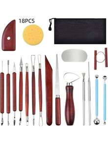 陶土雕塑工具，基础陶土雕刻工具套装，带木柄和工具袋 - 陶泥工具 - 查看 12