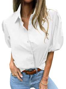 Women's Button Down Shirts Puff Sleeve Collared Dressy Casual Short Solid Color Blouse Tops - trắng - Xem 4